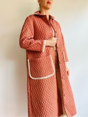 Vintage Quilted Coral-Orange Coat with Lace Trim
